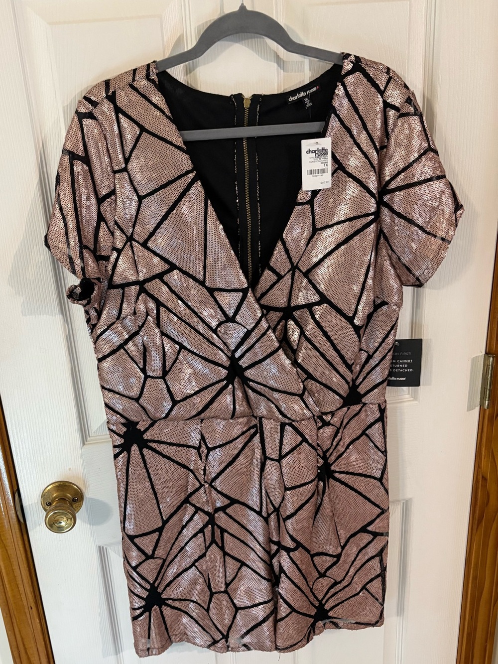 Charlotte Russe Pink Sequin Romper with Black Geometric Pattern